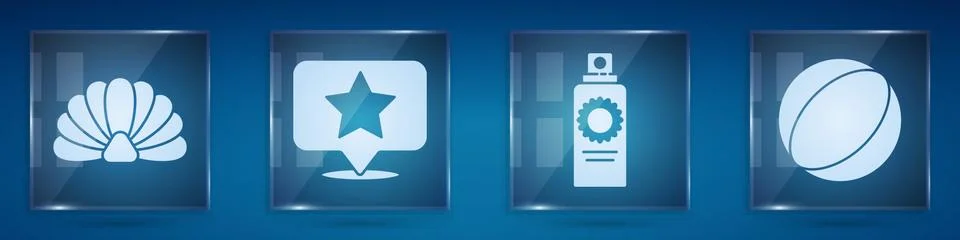 Set Scallop sea shell, Map pointer with star, Sunscreen spray bottle and Beach Stock Illustration