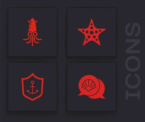 Set Scallop sea shell, Octopus, Starfish and Anchor inside shield icon. Vector イラスト素材
