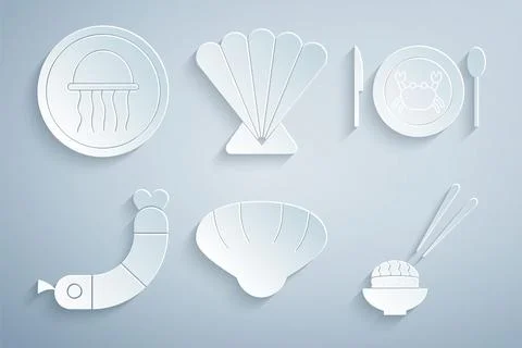 Set Scallop sea shell, Served crab on plate, Shrimp, Sushi, and Jellyfish icon Stock Illustration
