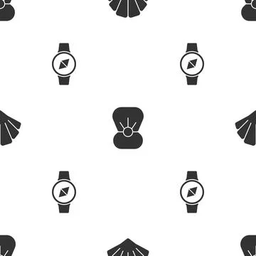 Set Scallop sea shell, Shell with pearl and Compass on seamless pattern. Vector Stock Illustration