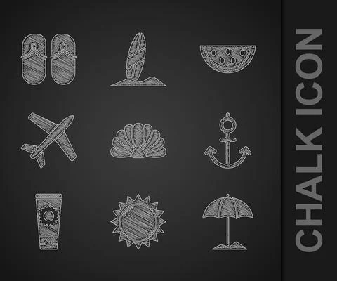 Set Scallop sea shell, Sun, protective umbrella for beach, Anchor, Sunscreen Illustrazione stock