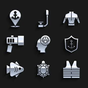 Set Scallop sea shell, Turtle, Life jacket, Anchor inside shield, Fish Illustrazione stock