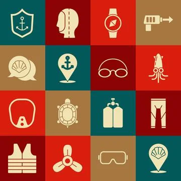 Set Scallop sea shell, Wetsuit, Octopus, Compass, Location with anchor, Anc.. Stock Illustration
