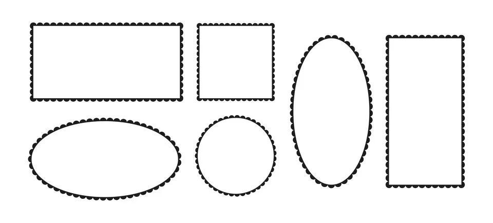 Set of scalloped frames. Scalloped edge rectangle, ellipse, circle, square Stock Illustration