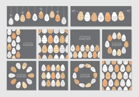 Set of scandinavian Easter eggs backgrounds with primitive geometric ornament Stock Illustration