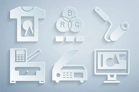 Set Scanner, Paint roller brush, Copy machine, Computer monitor screen, RGB Stock Illustration