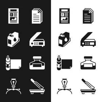 Set Scanner, Printer ink cartridge, News, File document, Roll of paper, Ink Stock Illustration