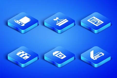 Set Scanner, Roll of paper, Coffee cup to go, Pantone, Stamp and News icon... Stock Illustration