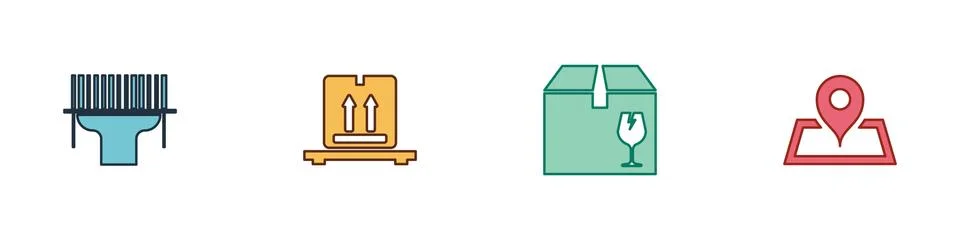 Set Scanner scanning bar code, Cardboard boxes on pallet, Delivery with fragile Stock Illustration