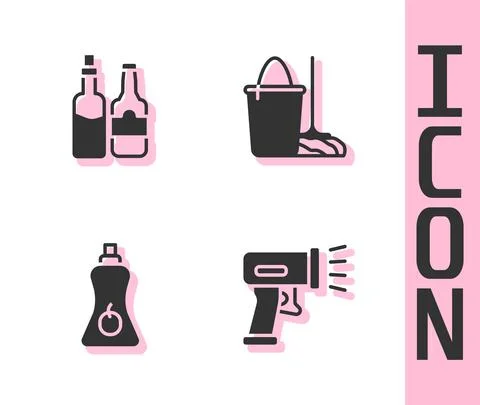 Set Scanner scanning bar code, Whiskey bottle, Sauce and Mop and bucket icon Stock Illustration