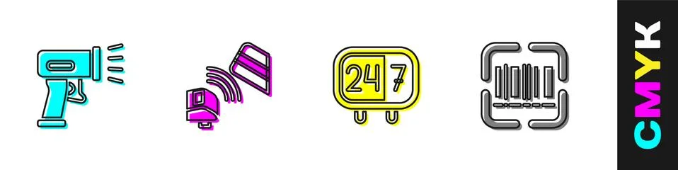 Set Scanner scanning bar code, POS terminal with credit card, Clock 24 hours and Stock-Illustration