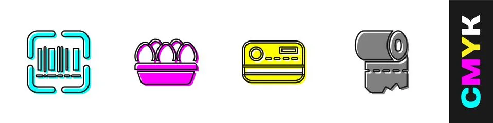 Set Scanner scanning bar code, Chicken egg box, Credit card and Toilet paper Stock Illustration