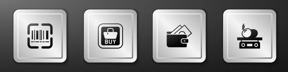 Set Scanner scanning bar code, Buy button, Wallet with money and Electronic Stock Illustration