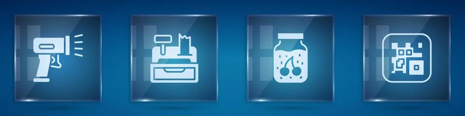 Set Scanner scanning bar code, Cash register machine, Jam jar and QR. Square Stock-Illustration