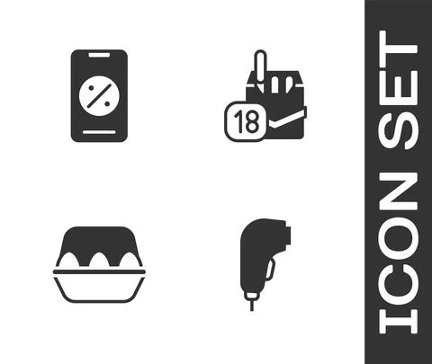 Set Scanner scanning bar code, Percent discount and mobile, Chicken egg box and Stock Illustration