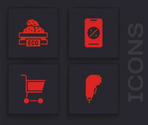 Set Scanner scanning bar code, Wooden box for fruits, Percent discount and Stock Illustration