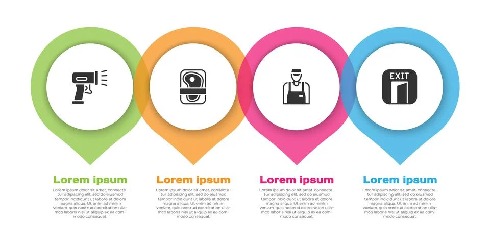 Set Scanner scanning bar code, Meat packaging steak, Seller and Fire exit. Bu Stock Illustration