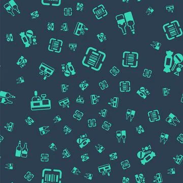 Set Scanner scanning bar code, Whiskey bottle, Cashier at cash register and Stock Illustration