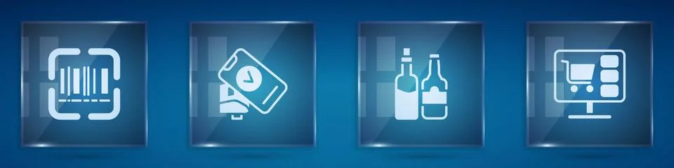 Set Scanner scanning bar code, POS terminal, Whiskey bottle and Shopping cart on 스톡 일러스트