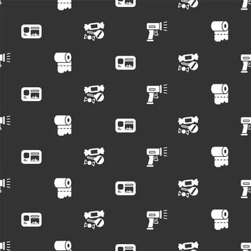 Set Scanner scanning bar code, Toilet paper roll, Identification badge and Candy Stock-Illustration