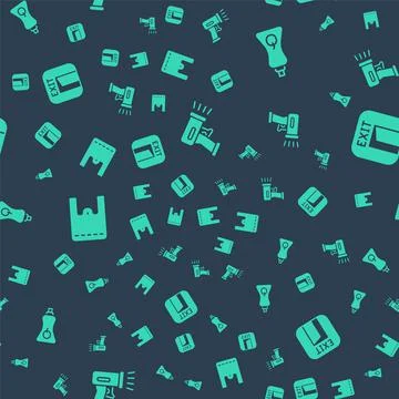 Set Scanner scanning bar code, Sauce bottle, Paper shopping bag and Fire exit on Illustrazione stock
