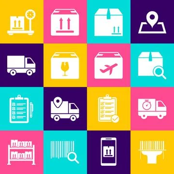 Set Scanner scanning bar code, Delivery truck and stopwatch, Search package Stock-Illustration