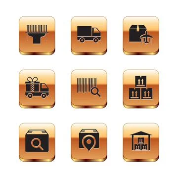 Set Scanner scanning bar code, Search package, Location with cardboard box Stock-Illustration