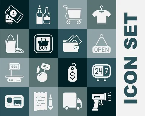 Set Scanner scanning bar code, Clock 24 hours, Hanging sign with Open, Shopping Stock Illustration