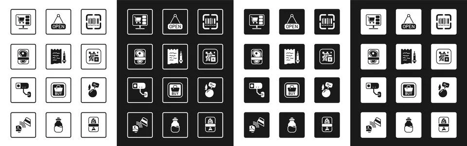 Set Scanner scanning bar code, Shopping list and pencil, Meat packaging steak Stock-Illustration