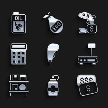 Set Scanner scanning bar code, Sauce bottle, New price tag dollar, Electronic Illustrazione stock