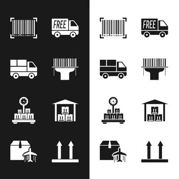 Set Scanner scanning bar code, Delivery truck with boxes, Barcode, Free delivery Stock-Illustration