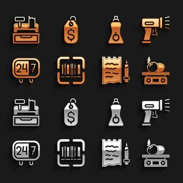 Set Scanner scanning bar code, Electronic scales for product, Shopping list and Stock-Illustration