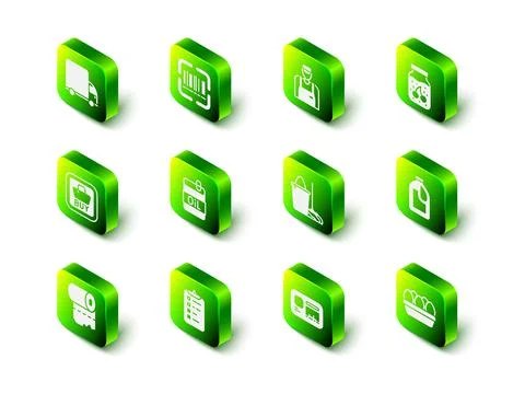 Set Scanner scanning bar code, Seller, Jam jar, Bottle for cleaning agent イラスト素材