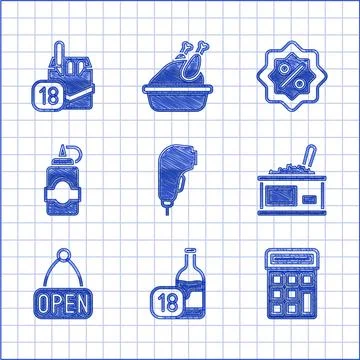 Set Scanner scanning bar code, Wine bottle, Calculator, Tin with caviar, Hanging Illustrazione stock