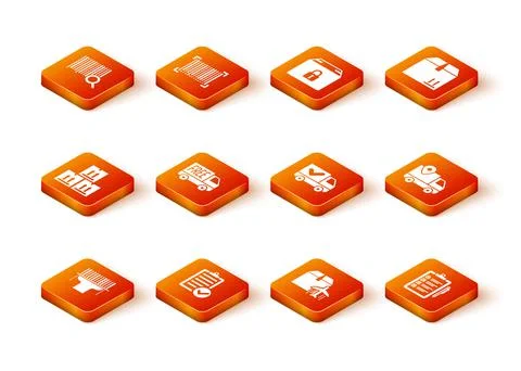 Set Scanner scanning bar code, Verification of delivery list, Cardboard box with Illustrazione stock