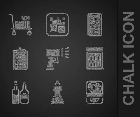 Set Scanner scanning bar code, Sauce bottle, Meat packaging steak, Commercial Stock Illustration