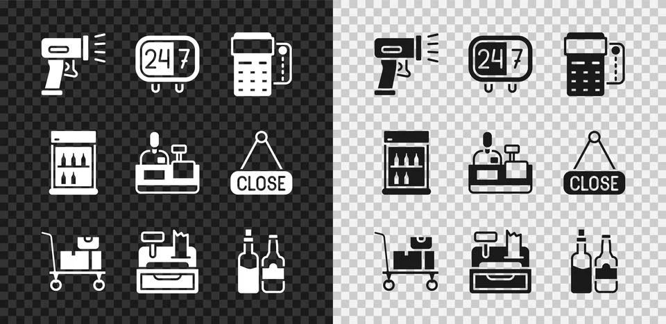 Set Scanner scanning bar code, Clock 24 hours, POS terminal with credit card Stock-Illustration