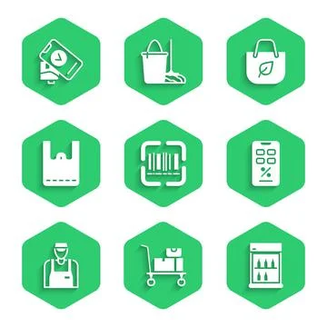 Set Scanner scanning bar code, Hand truck and boxes, Commercial refrigerator Stock-Illustration