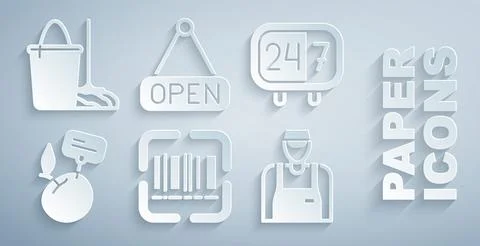 Set Scanner scanning bar code, Clock 24 hours, Supermarket food products with Stock-Illustration