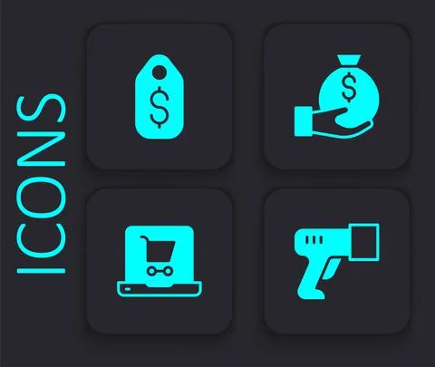 Set Scanner scanning bar code, Price tag with dollar, Money bag and Shopping 스톡 일러스트