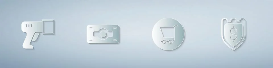Set Scanner scanning bar code, Stacks paper money cash, Shopping cart and Shield Illustrazione stock