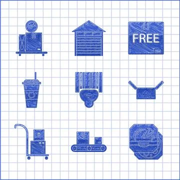 Set Scanner scanning bar code, Conveyor belt with cardboard box, Pizza Stock-Illustration