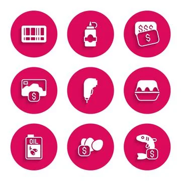 Set Scanner scanning bar code, Price tag for egg, fish, Chicken box, Bottle of Stock Illustration