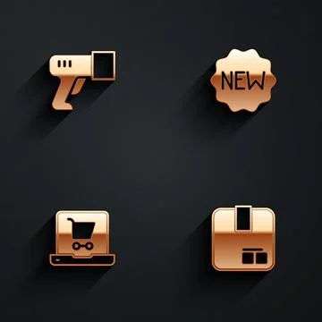 Set Scanner scanning bar code, Price tag with New, Shopping cart on screen Stock Illustration