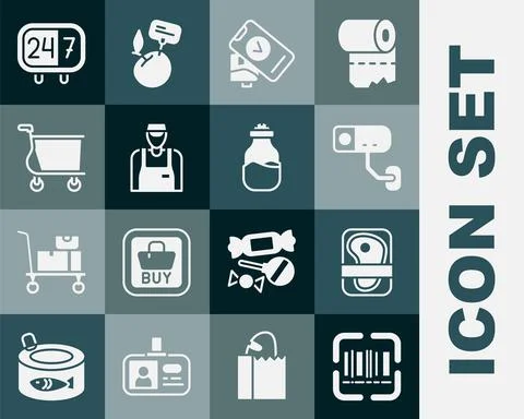 Set Scanner scanning bar code, Meat packaging steak, Security camera, POS Stock Illustration