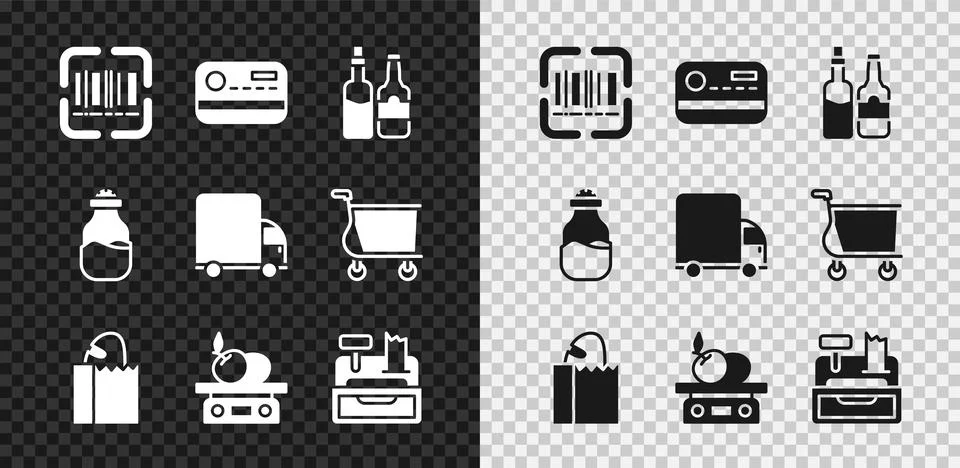Set Scanner scanning bar code, Credit card, Whiskey bottle, Paper bag with bread Stockillustratie