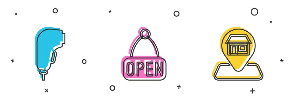 Set Scanner scanning bar code, Hanging sign with Open and Location Market store Illustrazione stock