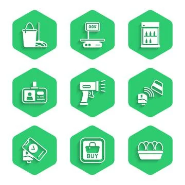 Set Scanner scanning bar code, Buy button, Chicken egg box, POS terminal with Stock Illustration