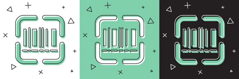 Set Scanner scanning bar code icon isolated on white and green, black background Illustrazione stock