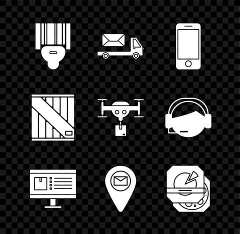 Set Scanner scanning bar code, Post truck, Mobile phone with app delivery Stock Illustration